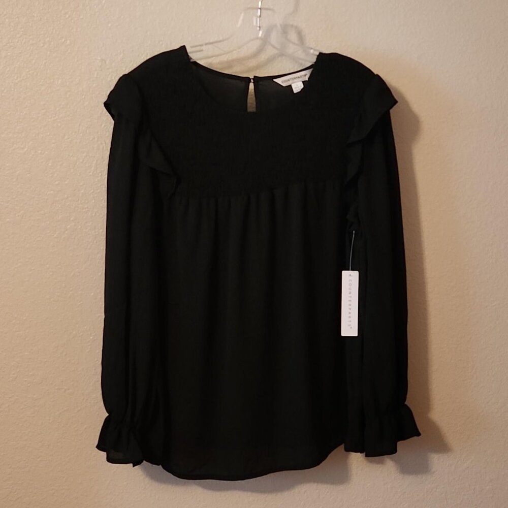 Smock Neck Ruffled Black Blouse NWT
